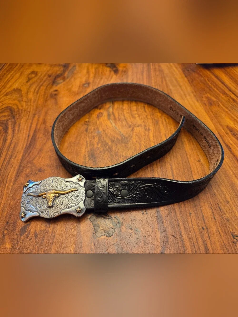 Tony Lama Kid's Leather Floral and Long Horn Belt With Buckle